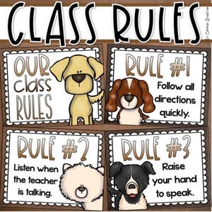 Könnte beinhalten: Ein Klassenzimmer-Regelposter mit den Worten "Klassenregeln" oben. Das Poster zeigt vier Tafeln mit Cartoon-Hunde-Illustrationen. Jede Tafel enthält eine Regel, wie z. B. "Befolgen Sie alle Anweisungen schnell."
