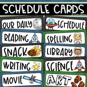 May include: Colorful schedule cards with the words "Schedule Cards" at the top. Each card features a different activity, such as "Reading," "Spelling," and "Art," along with corresponding illustrations like a rocket ship or a planet.