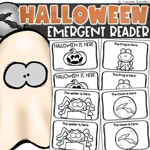 以下が含まれることがあります： ハロウィーンをテーマにした、カボチャ、カエル、クモ、月のイラストが描かれたリーディングブック。テキストには「ハロウィーンが来た」「カエルが来た」「クモが来た」などのフレーズが含まれています。