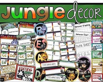 Jungle Safari Theme Classroom Decor Bundle (Behavior Chart, Name Plates, Signs) INSTANT DOWNLOAD