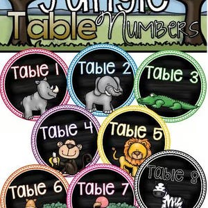 May include: Eight colorful, round table number signs with black chalkboard backgrounds and jungle animal illustrations. The numbers 1 through 8 are written in pink on the signs. The signs are labeled "Table 1" through "Table 8".