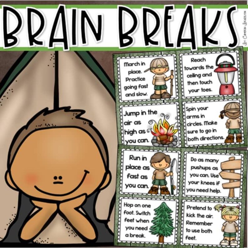 May include: A colorful educational poster titled "Brain Breaks" features cartoon illustrations of children performing various exercises. The exercises include marching in place, jumping, running, and push-ups. The poster is designed for educational purposes.