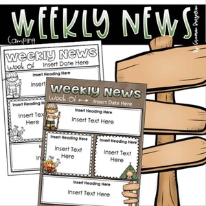 May include: A black and white image featuring a "Weekly News" template with camping-themed illustrations. The template includes sections for headings and text, with a wooden signpost in the background. The text "Camping" is also visible.