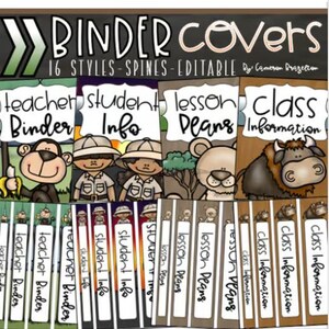 Peut inclure: Un ensemble de 16 couvertures de classeur imprimables sur le thème de la jungle. Les couvertures présentent différents animaux, notamment des singes, des lions et des buffles. Le texte sur les couvertures comprend "Teacher Binder", "Student Info", "Lesson Plans" et "Class Information".