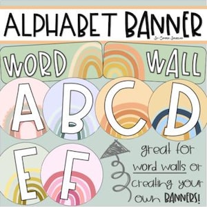 Word Wall Headers Alphabet Banner Posters Signs Boho Modern Muted Rainbow Theme INSTANT DOWNLOAD