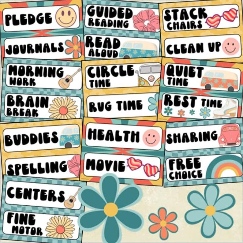 Daily Visual Schedule Cards Classroom Agenda Groovy Retro Vibes Theme ...