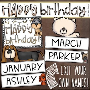 Happy Birthday Bulletin Board Display Posters Dog Theme Editable INSTANT DOWNLOAD