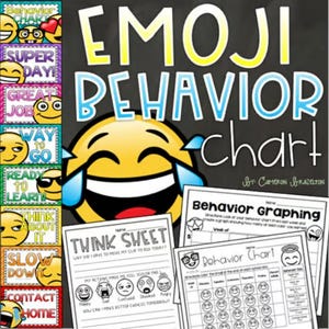 Puede incluir: Un gráfico de comportamiento con temática de emoji con el título "EMOJI BEHAVIOR chart" en azul y amarillo. El gráfico incluye varias caras de emoji y frases como "SUPER DAY!" y "GREAT JOB!" junto con hojas imprimibles.