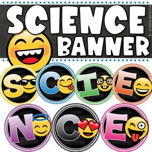 May include: A chalkboard-style banner with the words "SCIENCE BANNER" in large white letters. Below, circular emoji-themed letters spell "SCIENCE". Each letter features a different emoji expression, with a black background and colorful borders.
