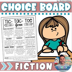 Può includere: Un tabellone di Tic-Tac-Toe colorato con nove caselle, ognuna contenente un'attività diversa legata alla lettura di narrativa. Le attività includono "What's That Word?!", "The Sequel", "Compare & Contrast", "Talk Show", "Summary", "Movie Poster", "Go Deeper", "Connections" e "Character Study". Il tabellone è circondato da un bordo blu punteggiato e le parole "Choice Board" e "Fiction" sono scritte in grandi caratteri grassetto.