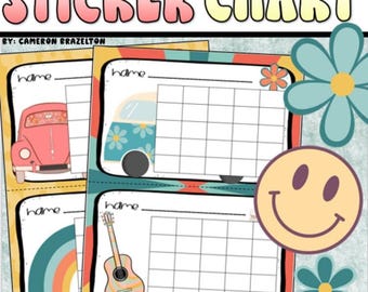 Gráfico de adesivos de comportamento positivo, incentivos de recompensa, tema Groovy Retro Vibes, DOWNLOAD INSTANTÂNEO