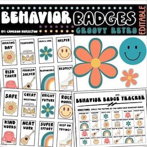 Puede incluir: Un conjunto de "Insignias de comportamiento" con un tema retro groovy. El diseño incluye ilustraciones de flores, caras sonrientes y una furgoneta VW. El texto incluye frases como "Día increíble", "Trabajo en equipo" y "Seguro".