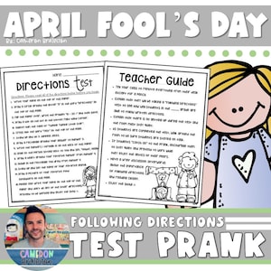 以下が含まれることがあります： エイプリルフールのいたずらテスト。指示と教師用ガイド付き。テストには、文字を丸で囲んだり、絵を描いたりするなどのタスクが含まれています。画像には漫画の女の子と男性の写真が写っています。