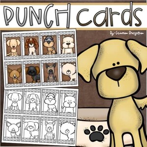 May include: A set of "PUNCH Cards" featuring cartoon dog illustrations. The cards display various dog breeds in color and black and white. A large cartoon dog with a paw print is on the right side of the image. Text on the image reads "PUNCH Cards" and "By Cameron Brazelton."