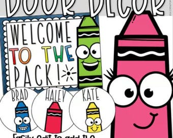 Back to School Door Decorations Bulletin Board Display Crayon Theme EDITABLE
