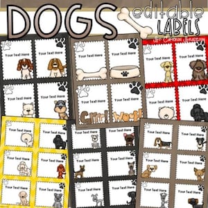 Könnte beinhalten: Eine Sammlung editierbarer Etiketten mit Hundeillustrationen. Die Etiketten sind in einem Raster angeordnet, jedes mit einem Pfotenabdruck und Platz für Text. Das Wort "DOGS" steht oben, zusammen mit dem Text "editable LABELS".