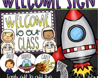 Letrero para puerta "Bienvenido a nuestro aula" con temática espacial, editable y descarga instantánea.