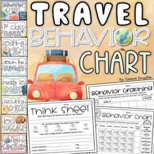 Puede incluir: Un gráfico de comportamiento con temática de viajes con un coche rojo que transporta equipaje. El gráfico incluye el texto "TRAVEL BEHAVIOR CHART" y varias frases relacionadas. También se incluyen las hojas de trabajo "Think Sheet" y "Behavior Chart".