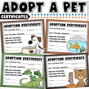 Adopt a Pet Certificates for Dramatic Play or Student Desk Pets PRINTABLE INSTANT DOWNLOAD