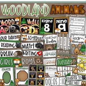 Könnte beinhalten: Eine Sammlung von Unterrichtsmaterialien mit dem Thema Waldtiere. Enthält Schilder für "Word Wall", "Schedule", "Reading", "Math", "Writing" und "Girls/Boys". Enthält Zahlen, Formen und den Text "Woodland Animals".