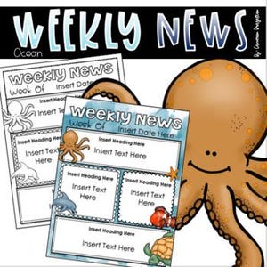 Puede incluir: Un conjunto de plantillas de "Weekly News" con un tema oceánico, con una ilustración de pulpo. Las plantillas incluyen espacios para titulares y texto, con ilustraciones de criaturas marinas como un pulpo, un delfín y una tortuga. El texto "Weekly News" se muestra de forma destacada.