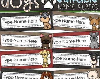 Name Tags Plates Desk Labels Dog Theme Editable INSTANT DOWNLOAD