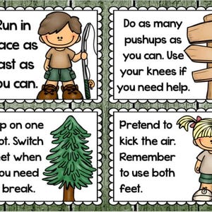 May include: Four illustrated cards with exercise instructions. The cards feature cartoon children and a tree. Instructions include running in place, doing pushups, hopping on one foot, and kicking the air.