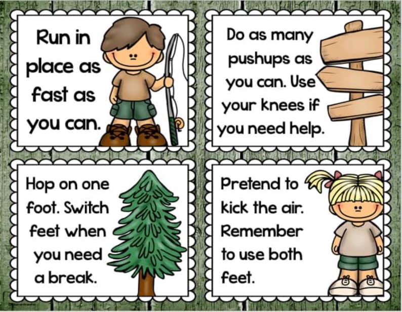 May include: Four illustrated cards with exercise instructions. The cards feature cartoon children and a tree. Instructions include running in place, doing pushups, hopping on one foot, and kicking the air.
