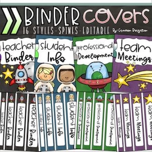 May include: A collection of binder covers and spines with the text "BINDER COVERS" and "16 STYLES - SPINES - EDITABLE". The covers feature various designs, including a rocket ship, astronauts, and an alien spaceship. The spines are labeled with terms like "teacher binder" and "student info".