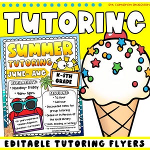 Puede incluir: Un folleto amarillo y blanco que promociona servicios de tutoría de verano. El folleto incluye un gráfico de cono de helado y el texto "Summer Tutoring" y "K-8th Grade". Disponibilidad de lunes a viernes, de 9 a 17 horas. Las sesiones incluyen opciones de media hora y una hora.