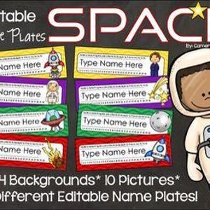 May include: Colorful, editable name plates with a space theme. Each plate features a different background color and space-related graphic, such as rockets, planets, and astronauts. The text "Type Name Here" is displayed on each plate. The image also includes the text "SPACE" and "Editable Name Plates".