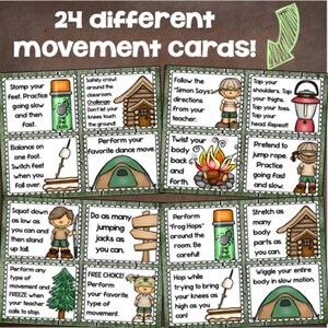 May include: A set of 24 movement cards with illustrations and instructions for various exercises. The cards feature images of children, tents, campfires, and other outdoor-themed graphics. Text on the cards includes exercise names and directions.