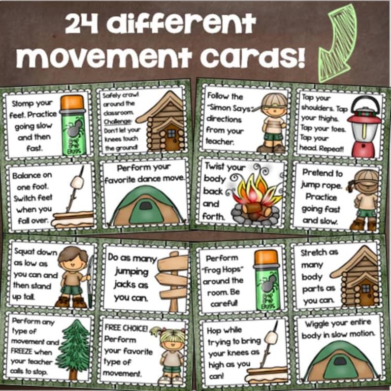May include: A set of 24 movement cards with illustrations and instructions for various exercises. The cards feature images of children, tents, campfires, and other outdoor-themed graphics. Text on the cards includes exercise names and directions.