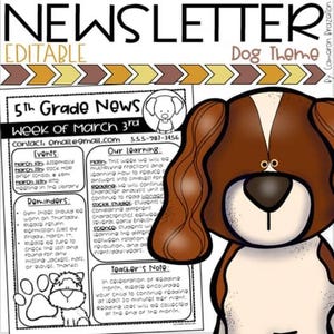 May include: A dog-themed newsletter template with the title "Newsletter Editable." The design features a cartoon dog illustration and a layout for 5th-grade news, including events, learning objectives, and reminders. The week of March 3rd is highlighted.