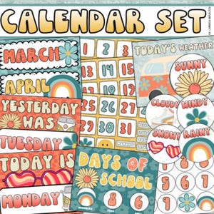 May include: A colorful calendar set with a retro theme. Includes month, day, and weather cards, along with numbers and days of the week. The text "CALENDAR SET" is at the top.