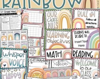 Boho Muted Rainbow Classroom Management Decor Rules Newsletter BUNDLE INSTANT DOWNLOAD