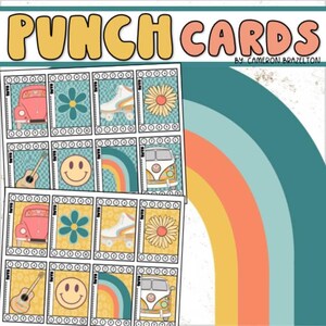 May include: A sheet of punch cards with a retro design. Each card features a different image, including a car, flower, roller skate, guitar, smiley face, rainbow, and a van. The words "PUNCH CARDS" are at the top in a bubble font.