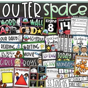 Op de afbeelding: Een verzameling educatief klasmateriaal met een ruimtethema. Inclusief woordmuurkaarten, roosters en informatiebladen voor leerlingen. Met raketten, planeten en astronauten. De tekst bevat "Outer Space", "Word Wall", "Reading", "Writing", "Girls", "Boys" en cijfers.