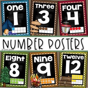 May include: A set of number posters with a black chalkboard background. Each poster features a number from one to twelve, with corresponding illustrations and ten frames. The posters have decorative borders and the title "NUMBER POSTERS".