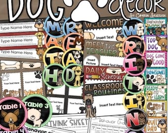 Dog Theme Class Decor Bundle (Behavior Chart, Name Plates, Labels, Signs) INSTANT DOWNLOAD