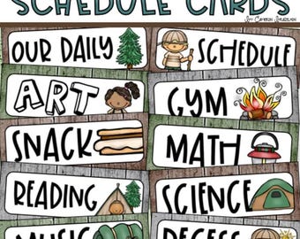 Daily Visual Schedule Cards for Classroom Agenda Camping Camp Out Theme Editable INSTANT DOWNLOAD