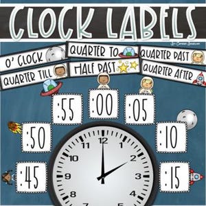 May include: Clock labels with the words "CLOCK LABELS" at the top. The labels include "O' CLOCK", "QUARTER TO", "QUARTER PAST", "QUARTER TILL", "HALF PAST", and "QUARTER AFTER". The clock face shows the time as 2:00.