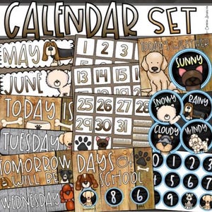 Puede incluir: Un colorido juego de calendario con la frase "CALENDAR SET" en la parte superior. El conjunto incluye tarjetas para los meses de mayo y junio, los días de la semana, los números, el tiempo y los días de escuela. El diseño presenta perros de dibujos animados.