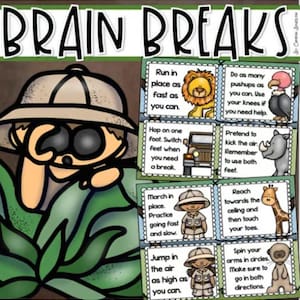 May include: A set of eight colorful cards with animal illustrations and text that reads "Brain Breaks". Each card features a different animal and a simple movement activity, such as "Run in place as fast as you can" or "Hop on one foot. Switch feet when you need a break."