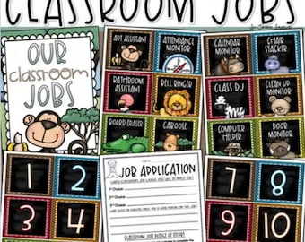 May include: Classroom jobs chart with a jungle theme. The chart has 12 numbered squares with different job titles like "Art Assistant", "Attendance Monitor", "Calendar Monitor", "Chair Stacker", "Bathroom Assistant", "Dell Ringer", "Class DJ", "Clean Up Monitor", "Board Eraser", "Carouse", "Computer Helper", and "Door Monitor". There is also a job application form with a jungle theme.