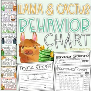以下が含まれることがあります： ラマとサボテンをテーマにしたカラフルな行動チャート。「Llama & Cactus Behavior Chart」と「Think Sheet」のテキストが含まれています。サボテンのイラストや、行動に関するワークシートも含まれています。