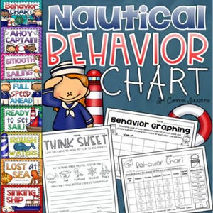 Könnte beinhalten: Ein nautisch thematisierter Verhaltenschart mit einem Cartoon-Matrosen, der neben einem Leuchtturm salutiert. Der Chart enthält Abschnitte für Verhaltensdiagramme und ein Denkblatt. Der Titel lautet "Nautical BEHAVIOR CHART."