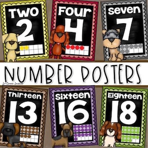 Może przedstawiać: Kolorowe plakaty z liczbami przedstawiające liczby 2, 4, 7, 13, 16 i 18. Każdy plakat ma tło tablicy, ozdobną obwódkę i kreskówkowego psa. Plakaty zawierają również ramkę dziesiętną, która pomaga w liczeniu.