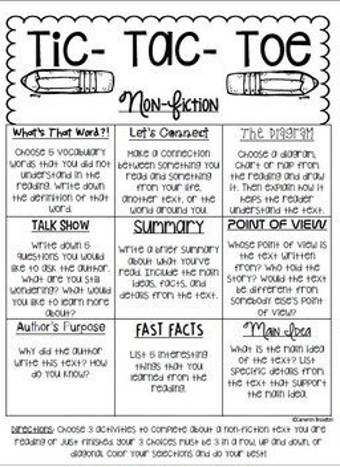 Reading Strategy Tic Tac Toe for Fiction Texts Worksheet