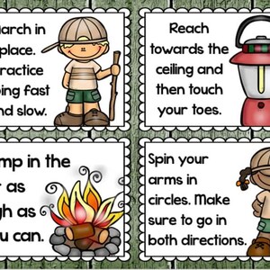 May include: Four illustrated cards with exercise instructions. One card shows a cartoon child with a walking stick, the text says "March in place. Practice going fast and slow." Other cards show a lantern, campfire, and child.